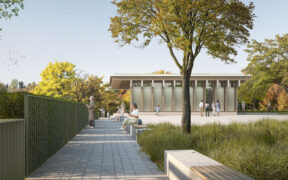 Visualisierung des geplanten Besucherpavillon für den Alten Jüdischen Friedhof in Mainz.