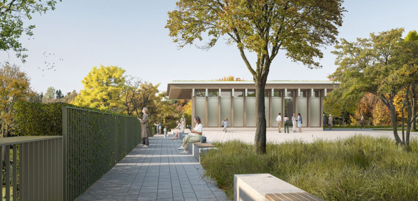 Visualisierung des geplanten Besucherpavillon für den Alten Jüdischen Friedhof in Mainz.